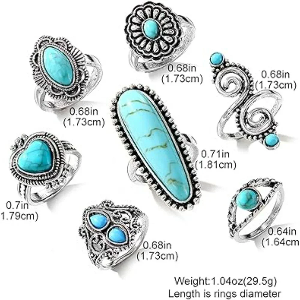 7 pc Set for Women Silver Rings Women‎ Turquoise Boho Jewelry